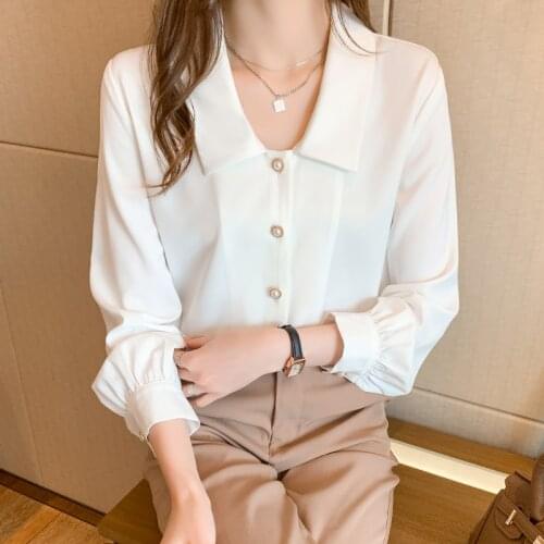 Korean Women Shirts Chiffon Blouses for Women Long Sleeve Shirts Ladies White Tops Woman Beading Blouse Woman V-neck Shirt XXL