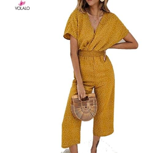 Women Jumpsuits Rompers Summer Casual Print V-neck Pocket Overalls Jumpsuit Short Sleeve Wide Leg Loose Jumpsuit