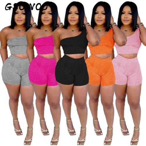 GSUWOO Womens Solid color One-shoulder Cropped Top Shorts Sets Outfit Clothes Summer Fashion Casual Two Piece Shorts Tracksuit