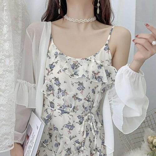2021 Summer New Fairy Sweet French Floral Chiffon Suspender Robe Femme Dress Sunscreen Print Ruffles Chiffon Dresses
