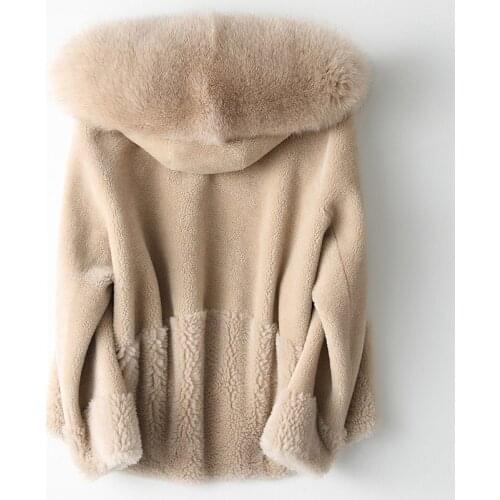 Winter Women Real Coat Sheep Shearling Wool Fox Fur Trim Hood Jacket Warm Overcoat Abrigo Mujer KQN18154 YY408