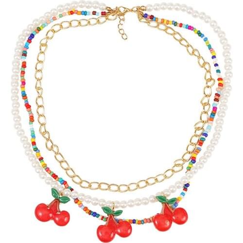 2020 Bohemian Multilayer Necklace Fashion Pearl Cherry Necklace Bead Necklace Chain Necklaces Pendants for Women Jewelry Collar