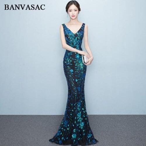 BANVASAC 2018 Deep V Neck Sequined Mermaid Long Evening Dresses Elegant Party Sleeveless Zipper Back Prom Gowns