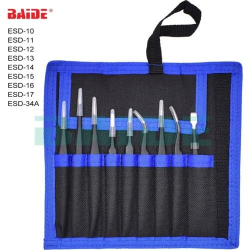9 in 1 Black Nipper With Oxford Bag Antistatic Stainless Steel Tweezers ESD - 10 11 12 13 14 15 16 17 ESD-34A for Phone Repair