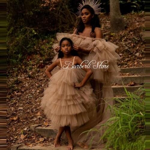 2021 Puffy Ruffle Tiered Tulle Long Maternity Dress Photo Shoot Baby Show Mother and Daughter Mesh Dress Robes Off Shoulder