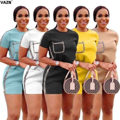 VAZN Hot sale 2020 summer sexy lady 4 colors solid 2-piece short set short sleeve O-neck pocket tees shorts set lady casual sets
