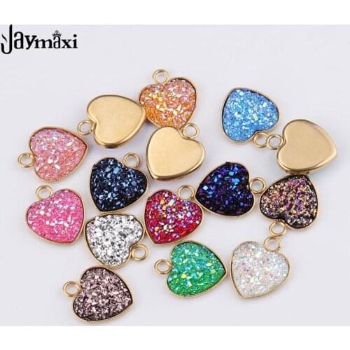Jaymaxi Faux Druzy Resin Charm Love Heart Gold Color Stainless Steel Pendant For Women DIY Jewelry Making 20piece/lot