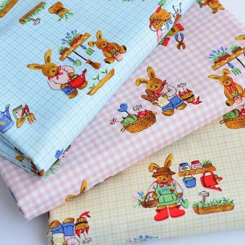 Plaid Cartoon Rabbit Digital Print Cotton fabric For Sew Baby Clothes Dresses DIY Handmade By Meter