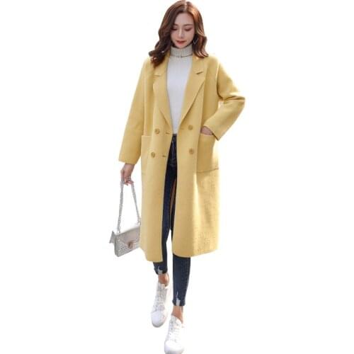 Korean Version of Loose Woolen Coat Female Long Section Yellow Woolen Coat Winter Woolen Long Coat 2019 New A751