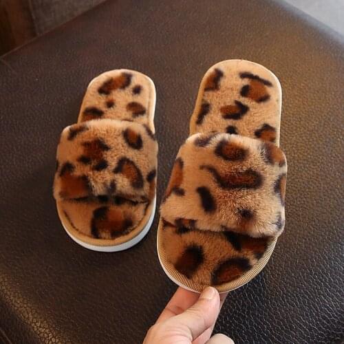 Qunq Winter Kids Fur Slides Slipper for Kid Leopard Plush Toddler Teens Girls Home Shoes Flap Heels Boys Sandals The Furry Ones