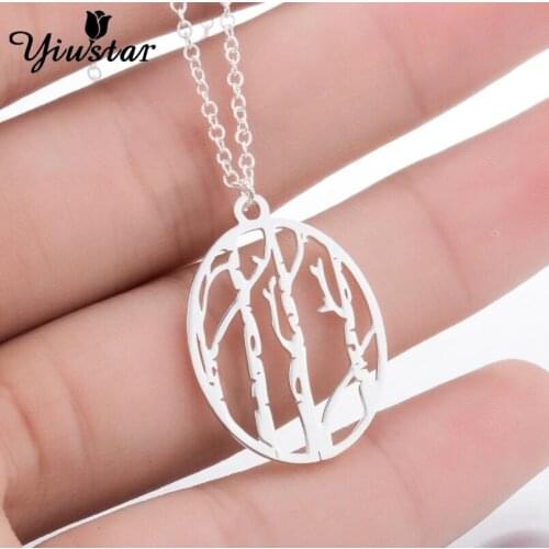 Trendy Stainless Birch Tree Pendant Oval Necklaces for Women Christmas Gifts Chains Necklace Jewelry Woodland Hollow Lattice