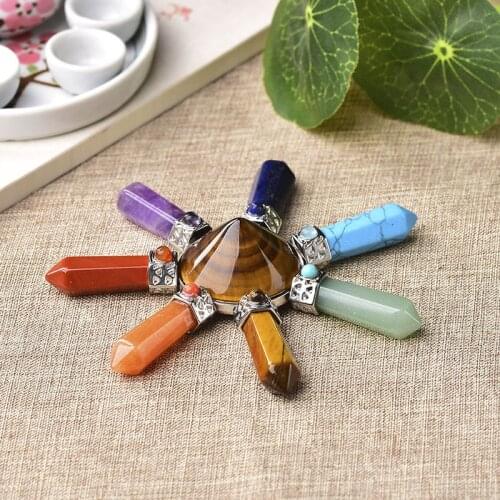 Wholesale Seven Chakras Natural Gem Stone Colourful Jewelry Energy Generator Crystal Stone Points Healing Spiritual Pendulum 1PC