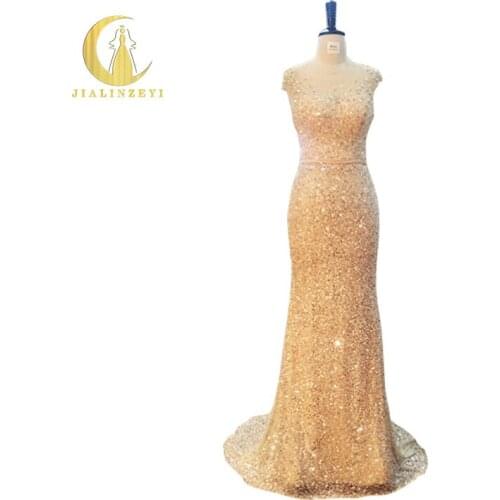 JIALINZEYI Real Sample Full Sew Hand Work Beads Sequins Champagne Mermaid Sexy Back Formal Prom Dresses Evening Dresses 2020
