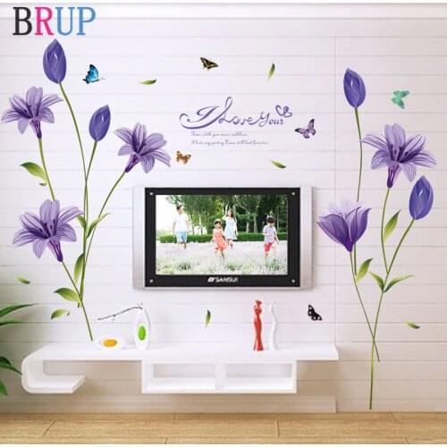 Romantic Purple Lily Flower Wall Sticker TV Sofa Decoration Art Vinyl Home Decor Beautiful Flower Wallpaper Butterfly Wall Decal