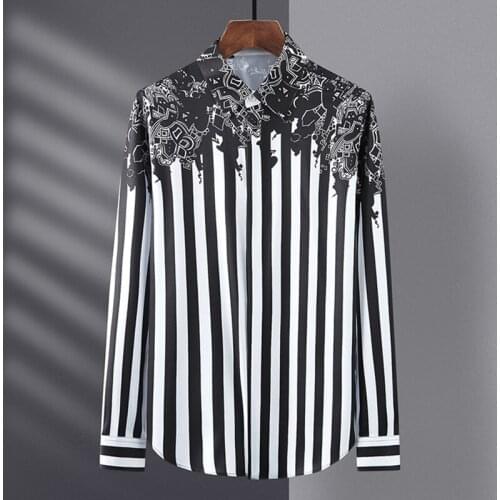 Luxury Retro Striped Print Slim Long-sleeved Shirt Mens Business Casual Shirt Social Party Formal Dress Shirts Men Clothing 4XL