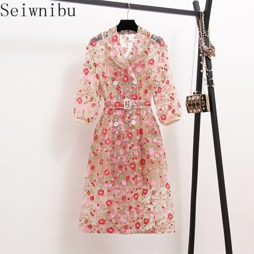 Seiwnibu Fashion Runway Double Breasted Mesh 2019 Summer Vintage Women Floral Embroidery Tull Notched Party Dress