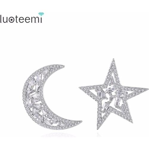 LUOTEEMI Fashion Cute Wonderful Stud Earrings Twinkle Star Moon Shape Unique Copper Cubic Zirconia Gift For Girl Women Party
