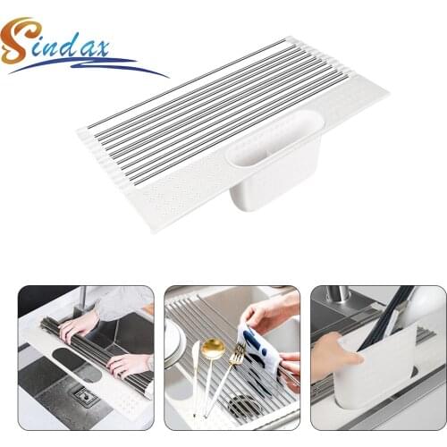 Dish Drying Rack Over The Sink Roll Up Stainless Steel Silicone Coated Multipurpose Foldable Kitchen Dish Drainer Rack Dropship