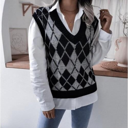 New Adults Autumn Sweater Vest Casual Woman Sleeveless Loose V-neck Plaid Knitted Sweaters Womens Winter Fashion Knit Coats