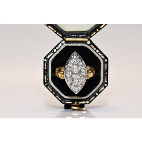 Antique Navette Victorian Time 18k Gold Natural Rose Cut Diamond Decorated Pretty Ring