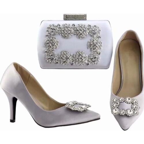 Wonderful women silver pumps and bag set with rhinestone design african shoes match handbag set for dress A168-3