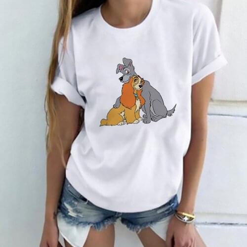 Disney Lady and The Tramp Print T Shirt Women Short Sleeve O Neck Loose Tshirt Summer Harajuku Couples Tee Tops Sweethearts