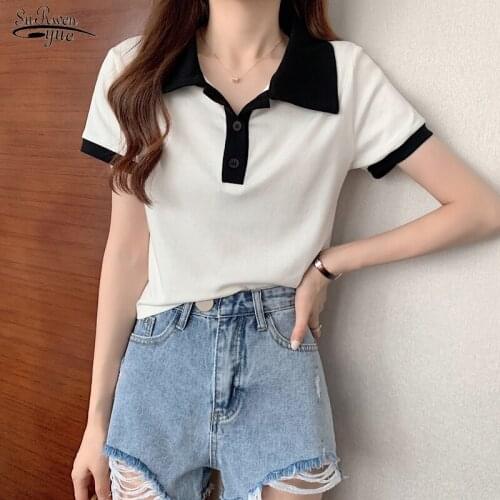 2021 Summer Korean Retro T-shirt Woman Polo Collar Knitted Comfort T-Shirt High Waist Pure Color Short Sleeve Elegant Top 15654
