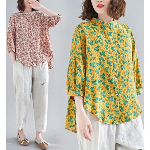 Elegant Leaves Printing Women Shirt Lantern Sleeve Stand Collar Cardigans Sweet Casual Irregular Tops Blouses Plus Size Spring