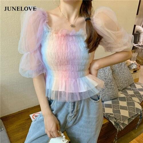 JuneLove Rainbow Blouse Women Puff Sleeve Square Collar Lace Up Tops Office Lady Summer Japan Style Kawaii Korean Chiffon Blouse
