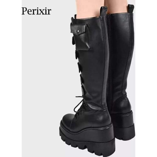 Perixir Design Lady Motorcycle Boots Knee High Dark Punk Style Thick Wedges Side Zipper Footwear Cool Girl 2021 Female Shoes