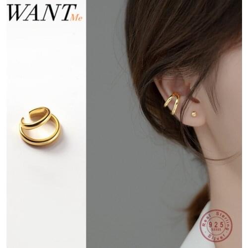 WANTME 925 Sterling Silver Minimalist Double Glossy 1pcs Ear Clip Earrings for Women Hip Hop Line No Piercing Ear Cuff Jewelry