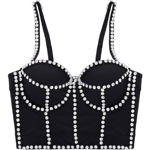 Women Luxury Diamond Rhinestone Bustier Bra Sexy Push Up Corset Camisole Jewelry Beaded Fish Boned Sling Top Vest Clubwear