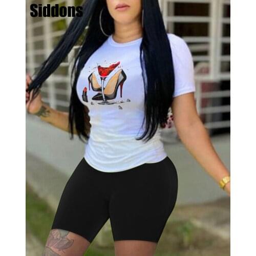 Women Letter Printed Short Sleeve Blouse Shirt and Black Shorts Sets 2 Pieces Set