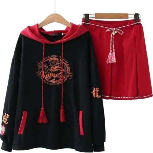 Black Embroidery Hooded Sweatshirt Casual Women Two Piece Sets 2021 Winter Hight Waist Mini Skirts Sweet Ladies Suits Clothes