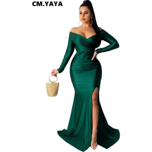CM.YAYA Autumn Winter Women Off Shoulder Plunging V-neck High Side Split Mermaid Maxi Dress Sexy Night Party Club Long Dresses