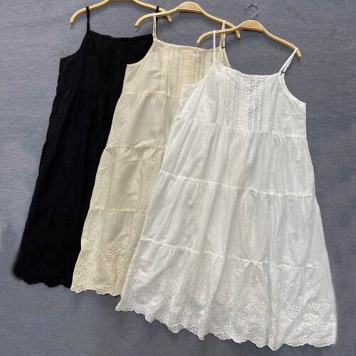 Johnature New Japanese Sleeveless Spaghetti Strap Loose Women Dress 2021 Summer Casual All Match Solid Color Embroidery Dresses