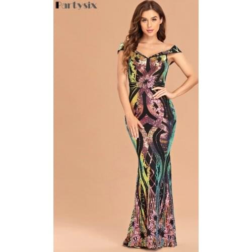 Partysix 2021 New Sequined Off The Shoulder Short Sleeve Sexy Women Dress Long Elegant Party Prom Clubwear Formal Dress