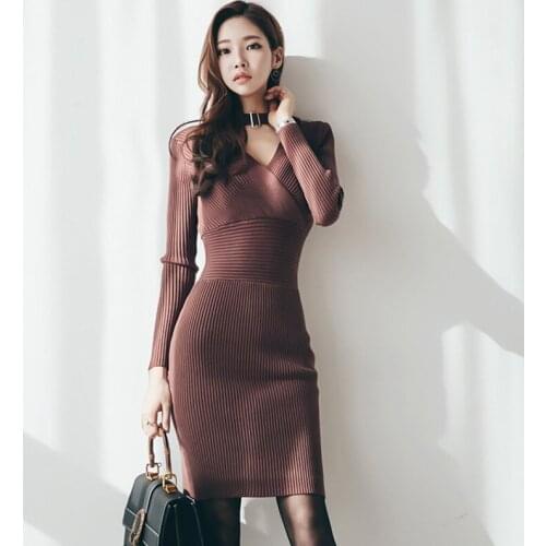Winter Women Knitted Dresses Ladies Slim Black Sexy V-neck Stretch Long-sleeved Elegant Knitting Sweater Pencil Dress