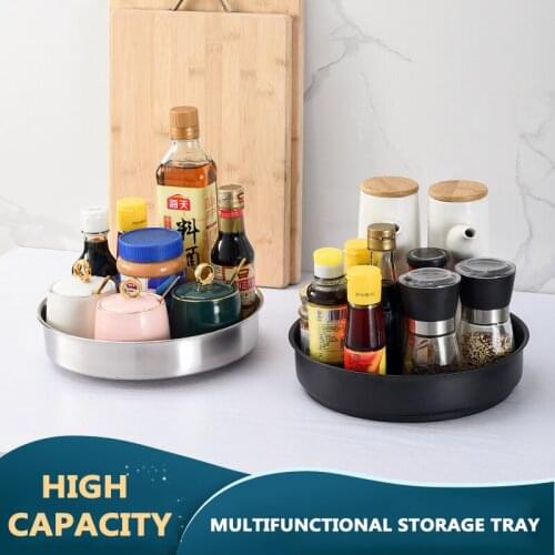 1Pc 360 Rotating Tray Kitchen Storage Container Spice Jar Snack Cosmetic Stainless Steel Serving Tray Condiment Storage Tray