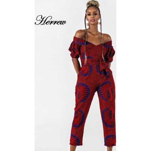 African Dresses for Women 2021 New Ladies Dashiki Print Shoulder Off Ankara Style Trousers Fashion Robe Africaine Jumpsuit Party