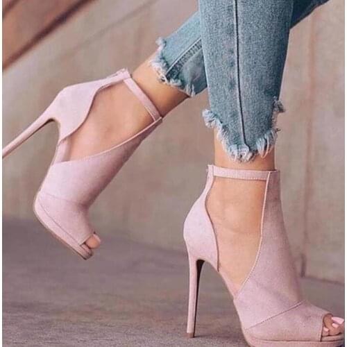 Fashion Woman Pink Suede Side Cutout Thin Heels Sandals Gladiator Peep Toe High Heel Ankle Strap Back Zipper Party Shoes