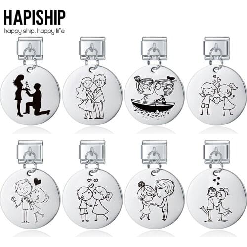 Hapiship Women/Men Laser 20MM Round Romantic Lovers Love Charm Links Fit 9mm Stainless Steel Bracelet Jewelry DIY Making DJ425