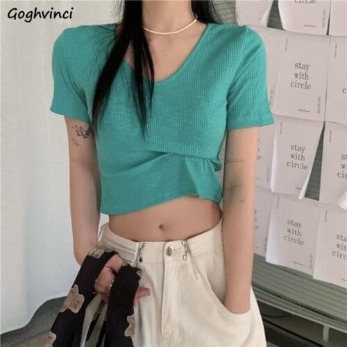 Candy Colors Skinny Solid T-shirts Women V-neck Slim Short Sleeve Clothes Basic Summer Leisure Tees Sweet Girls Cropped Tops Ins