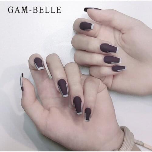 GAM-BELLE French Tips Ballerina Fake Nails Matte Purple Long Detachable False Nails Full Cover DIY Manicure Beauty Tools
