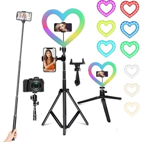 26CM RGB Dimmable Ring Light Heart Shape Lamp Led Selfie Ringlight Photo Photography Lighting With Tripod For Youtube Video Live