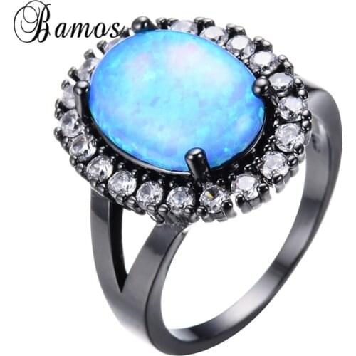 Bamos Fashion Big Oval Blue Fire Opal Ring Black Gold Filled Wedding Party Engagement Promise Rings For Women Lady Anel RB1291