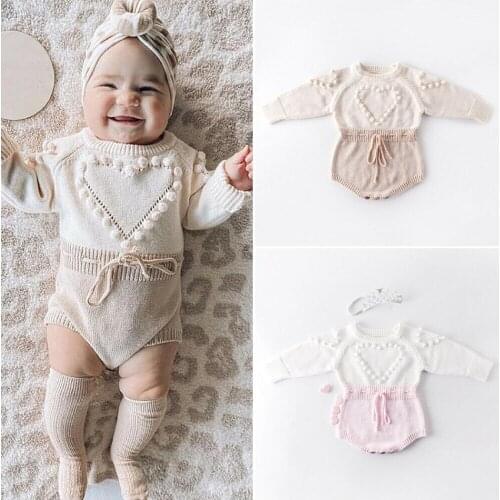 Baby Girl Knitted Bodysuit Love Heart Drawstring Waist Jumpsuit Baby Girl Autumn Winter Long Sleeve Sweaters Bodysuit 0-24M