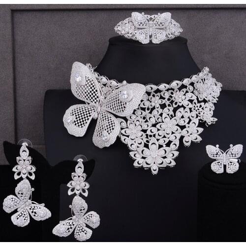 LARRAURI Luxury 4Pcs Statement Butterfly Choker Necklace Bangle Ring Jewelry Sets Wedding Indian Exaggerate Jewelry For Women