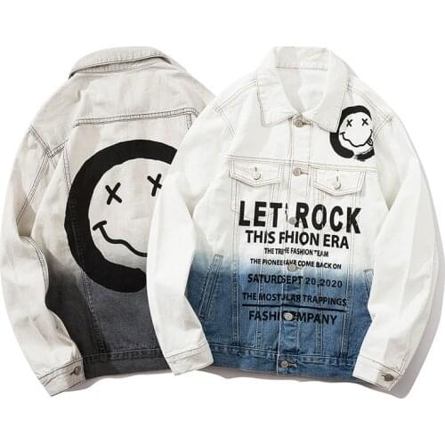 2021 Spring and Autumn Street Retro Loose Denim Coats Unisex Tops Hip Hop Smiley Face Print Color Block Fashion Jean Jackets Man