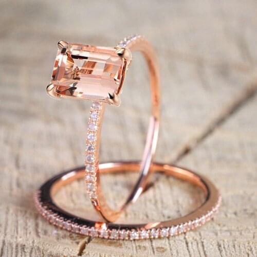 Trendy Exquisite Rose Gold Color Square Baguette Rings Set for Women Filled cubic Zirconia Crystal Stone Wedding Party Jewelry